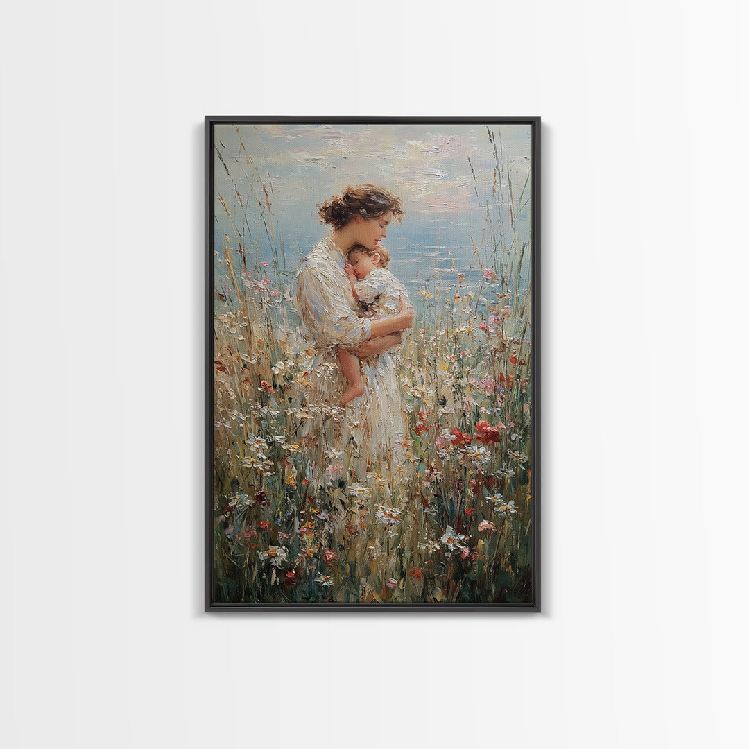Tender Mother Holding Baby In Wildflower Meadow Wall Art, Impressionist Canvas Print For Nursery And Feminine Bedroom Decor