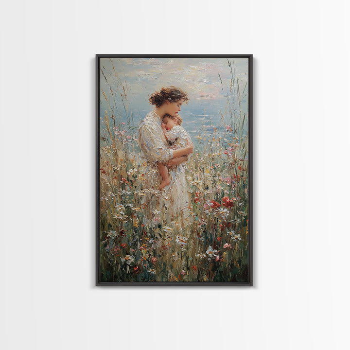Tender Mother Holding Baby In Wildflower Meadow Wall Art, Impressionist Canvas Print For Nursery And Feminine Bedroom Decor