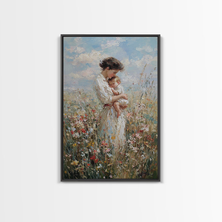 Mother And Baby In Blooming Meadow Framed Canvas Print, Soft Impressionist Wall Art For Nursery And Motherhood Home Decor