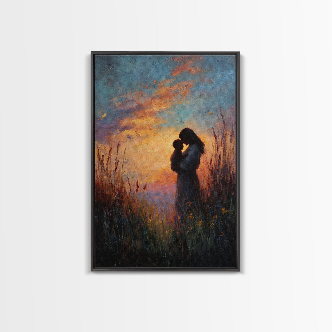 Sunset Silhouette Of Mother And Child In Meadow Wall Art, Moody Canvas Print For Nursery, Bedroom Decor, And Gift For Mom