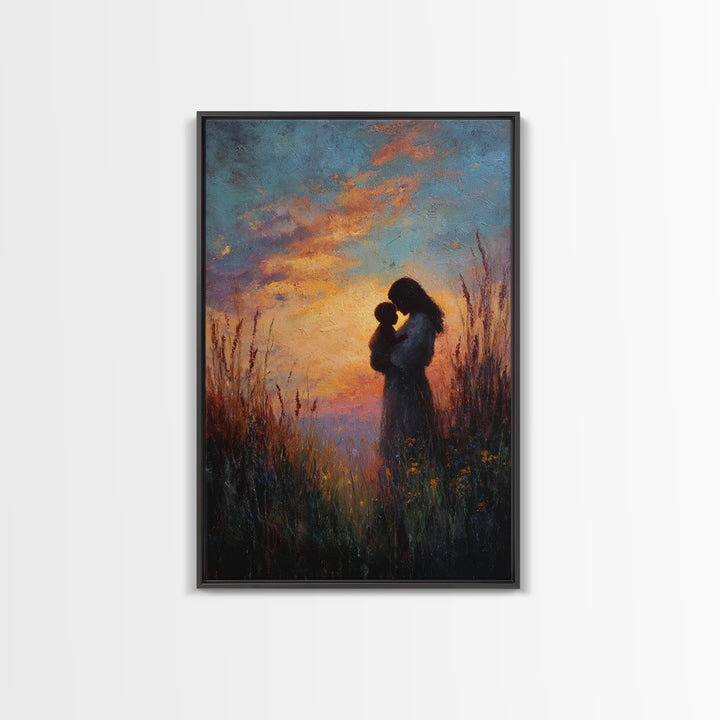 Sunset Silhouette Of Mother And Child In Meadow Wall Art, Moody Canvas Print For Nursery, Bedroom Decor, And Gift For Mom