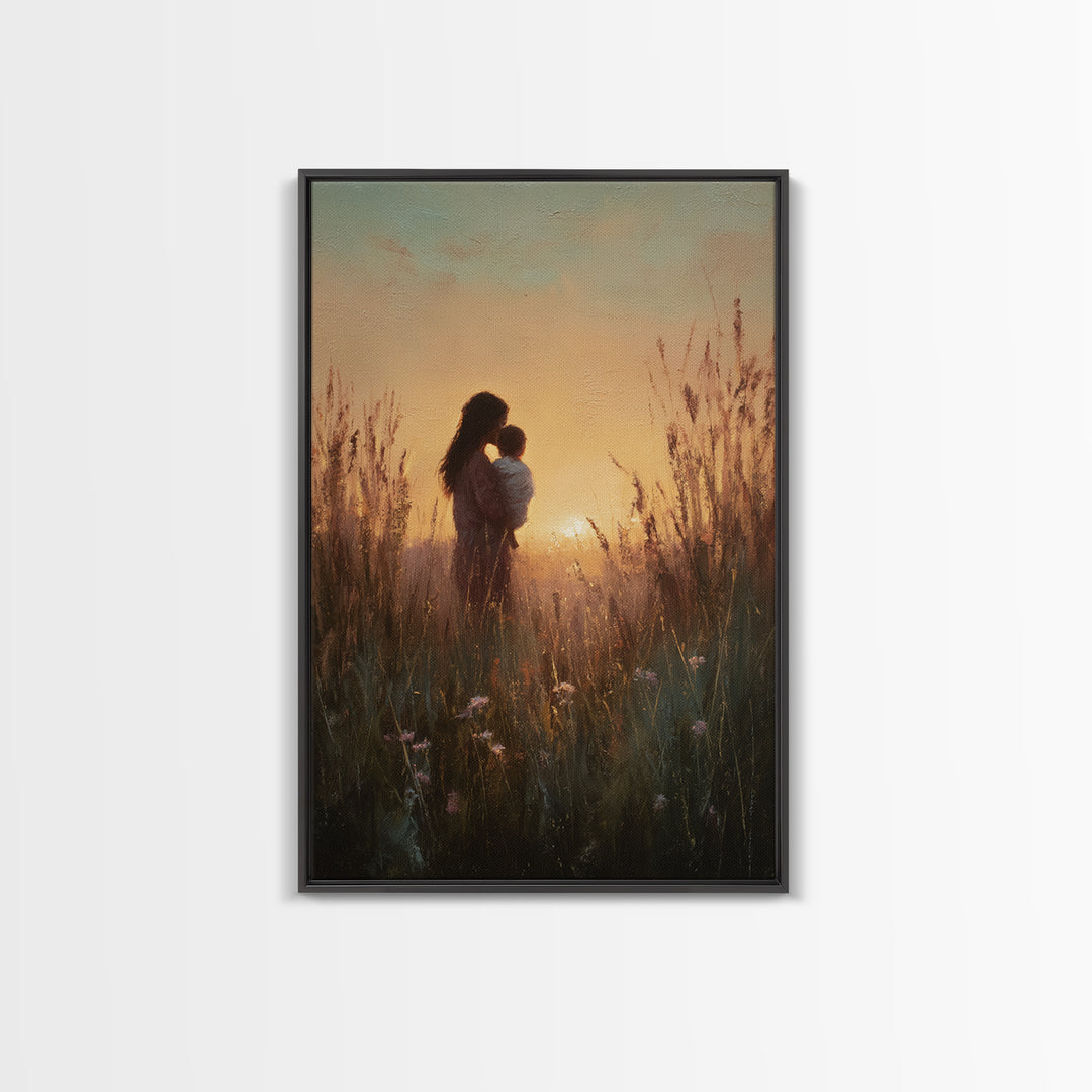 Golden Sunset Mother And Child Silhouette Canvas Print, Warm Meadow Wall Art For Nursery, Bedroom Decor, And Mothers Day Gift