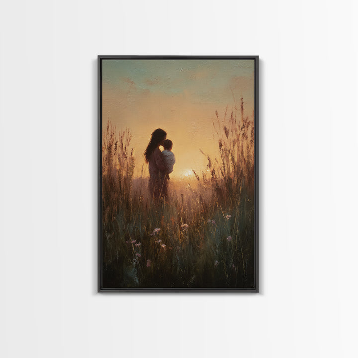 Golden Sunset Mother And Child Silhouette Canvas Print, Warm Meadow Wall Art For Nursery, Bedroom Decor, And Mothers Day Gift