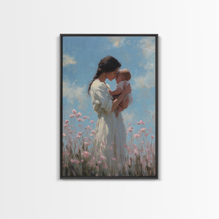 Mother And Baby Among Pink Wildflowers Wall Art, Soft Impressionist Canvas Print For Nursery Decor, Baby Shower Gift, Gift For Mom