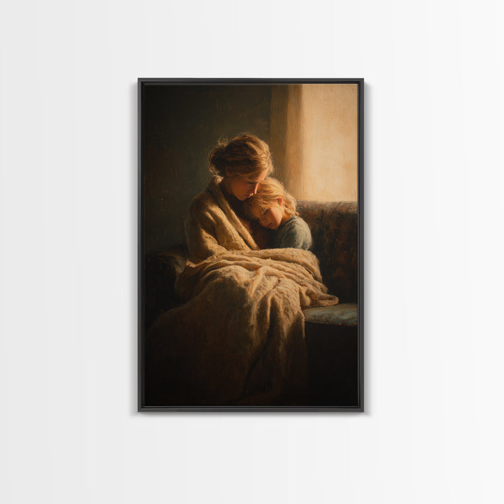Cozy Mother And Daughter By Window Wall Art, Moody Impressionist Canvas Print For Bedroom Decor, Nursery Art, And Gift For Her
