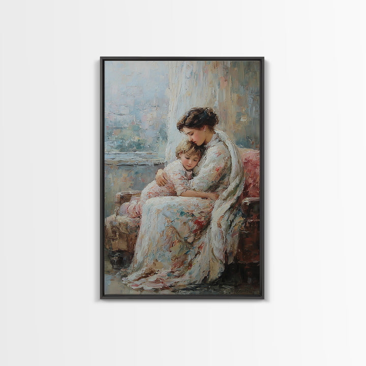 Mother And Child Resting On Floral Sofa Framed Canvas Print, Impressionist Wall Art For Living Room Decor And Gift For Mom