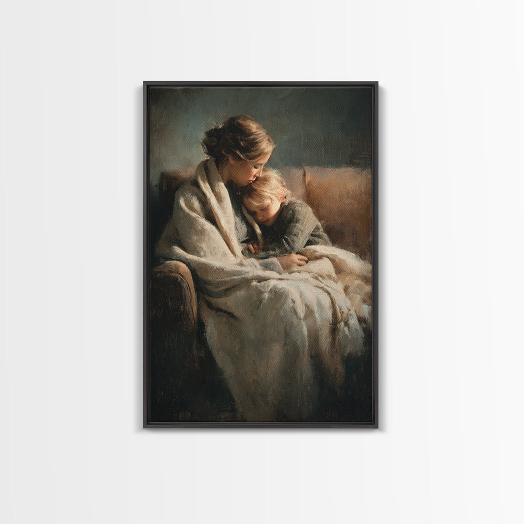 Moody Mother And Child Wrapped In Blanket Wall Art, Warm Impressionist Canvas Print For Bedroom Decor, Nursery, And Gift For Mom