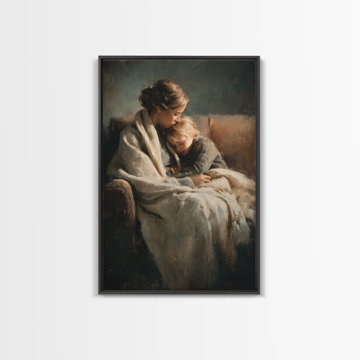 Moody Mother And Child Wrapped In Blanket Wall Art, Warm Impressionist Canvas Print For Bedroom Decor, Nursery, And Gift For Mom