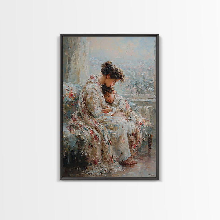 Mother And Child Cuddling By City Window Canvas Print, Soft Impressionist Wall Art For Bedroom Decor, Nursery, And Gift For Her