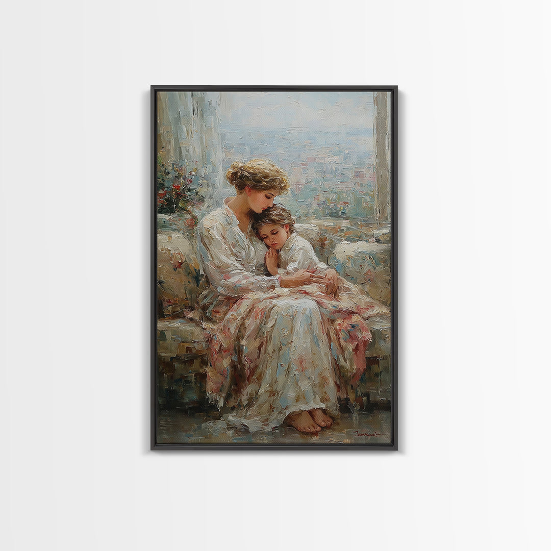 Mother And Child By Bright Window Wall Art, Textured Impressionist Canvas Print For Living Room Decor, Nursery, And Gift For Mom