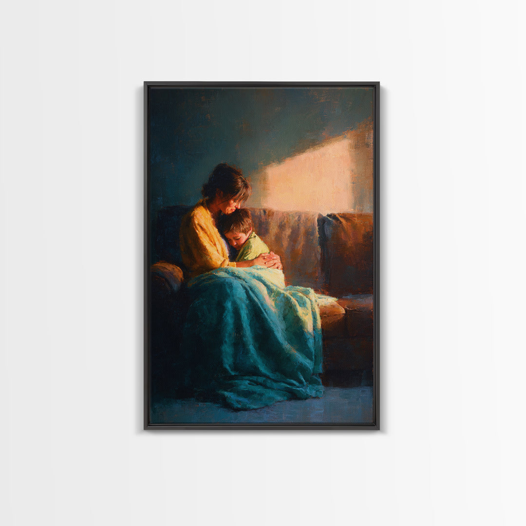 Mother And Child In Sunlit Embrace Wall Art, Impressionist Oil Painting Print, Cozy Nursery Decor, Gift For Mom, Living Room Decor