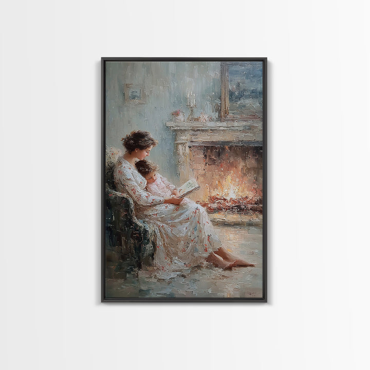 Mother And Child Reading Beside Elegant Fireplace Canvas Print, Impressionist Wall Art, Cozy Bedroom Decor, Gift For Mom