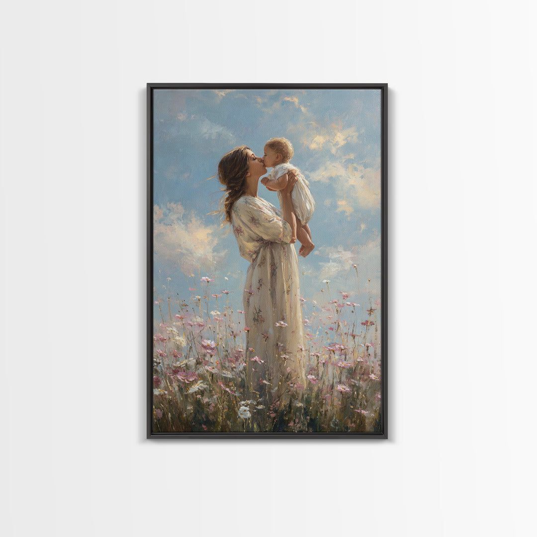 Mother Kissing Baby In Wildflower Meadow Wall Art, Impressionist Oil Painting, Feminine Nursery Decor, Gift For Mom Print