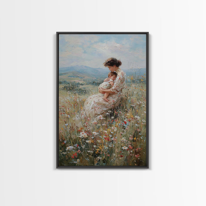 Nursing Mother And Baby In Floral Meadow Framed Canvas Print, Impressionist Landscape Wall Art, Nursery Decor, Gift For Her