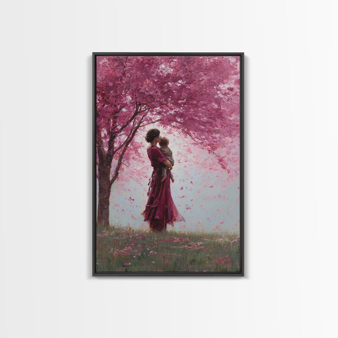 Mother And Toddler Under Pink Cherry Blossoms Wall Art, Romantic Floral Canvas Print, Feminine Decor, Mothers Day Gift, Nursery Decor