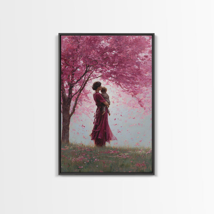 Mother And Toddler Under Pink Cherry Blossoms Wall Art, Romantic Floral Canvas Print, Feminine Decor, Mothers Day Gift, Nursery Decor