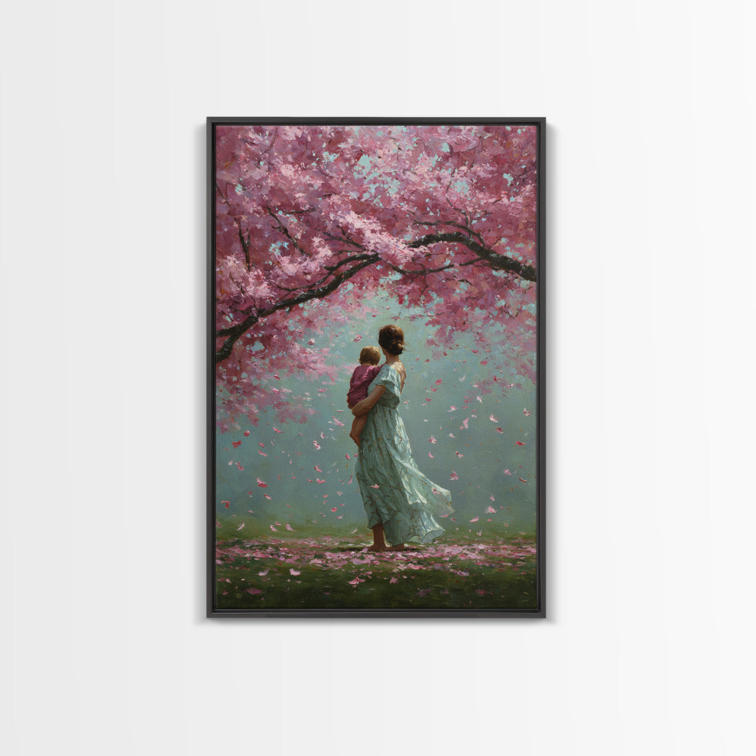 Mother And Child Beneath Cherry Blossom Canopy Canvas Print, Pink Floral Wall Art, Romantic Nursery Decor, Gift For Her, Home Decor