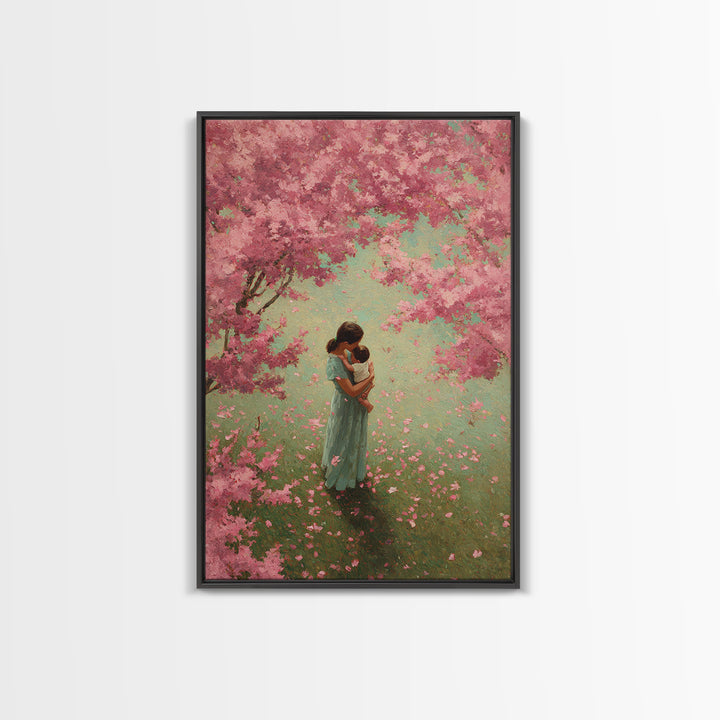 Mother Embracing Baby In Pink Blossom Garden Framed Canvas Print, Floral Wall Art, Feminine Nursery Decor, Mothers Day Gift