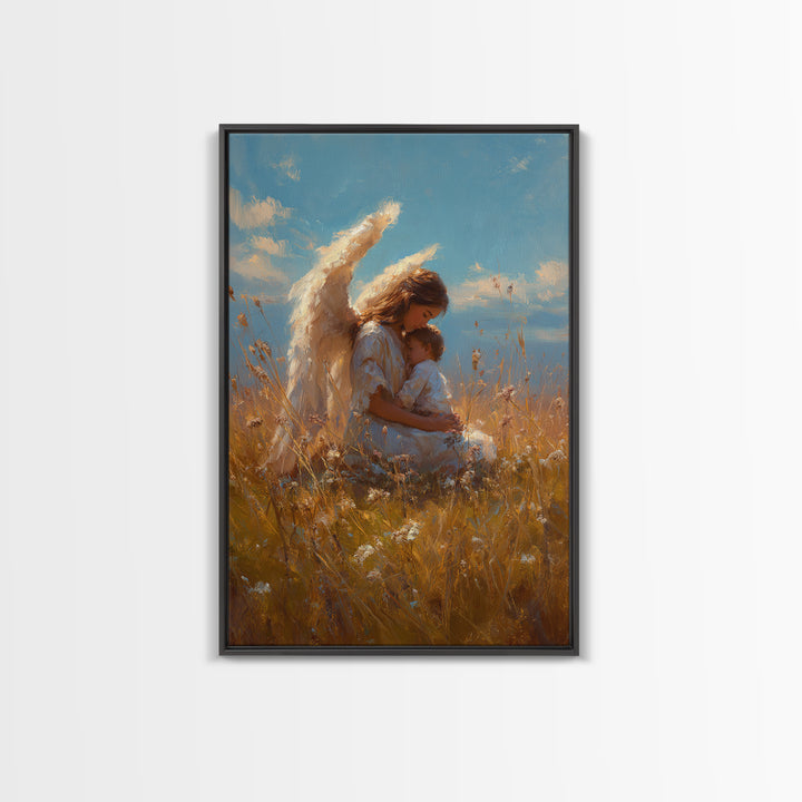 Guardian Angel Mother Holding Baby In Golden Wheat Field Canvas Print, Christian Wall Art, Nursery Decor, Mothers Day Gift