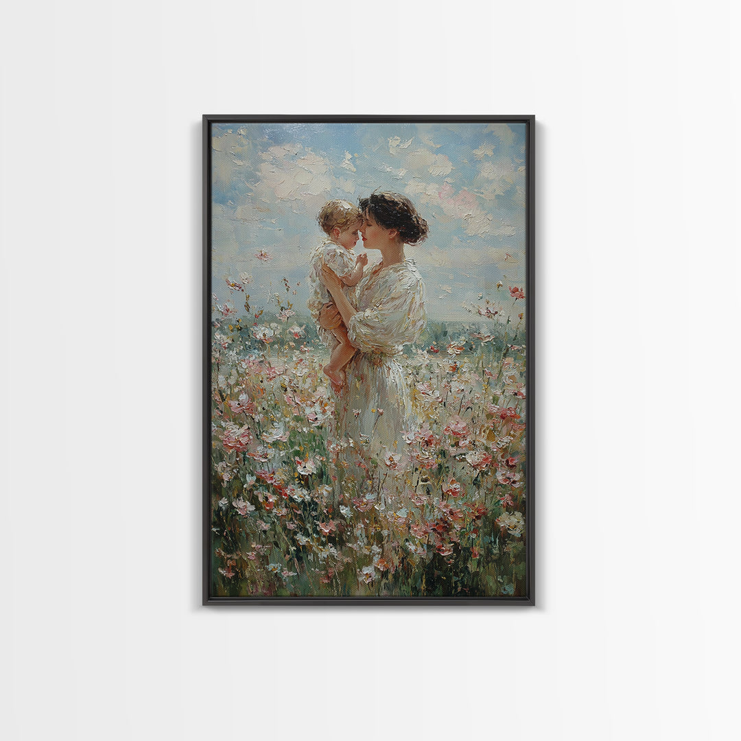 Mother And Baby Among White Wildflowers Framed Canvas Print, Impressionist Floral Wall Art, Nursery Decor, Gift For Her, Mothers Day Gift