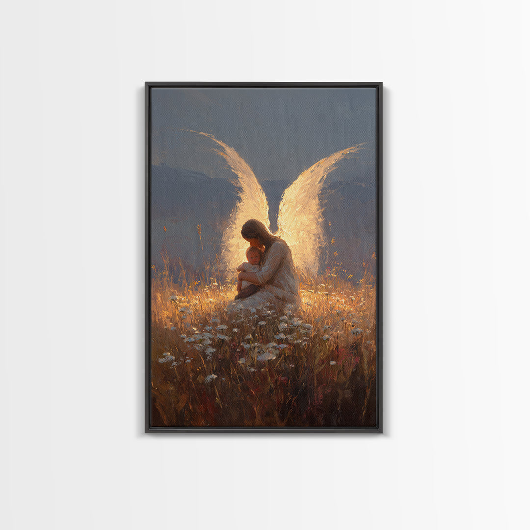 Glowing Guardian Angel With Baby In Twilight Meadow Canvas Print, Christian Wall Art, Spiritual Decor, Nursery Decor, Gift For Her