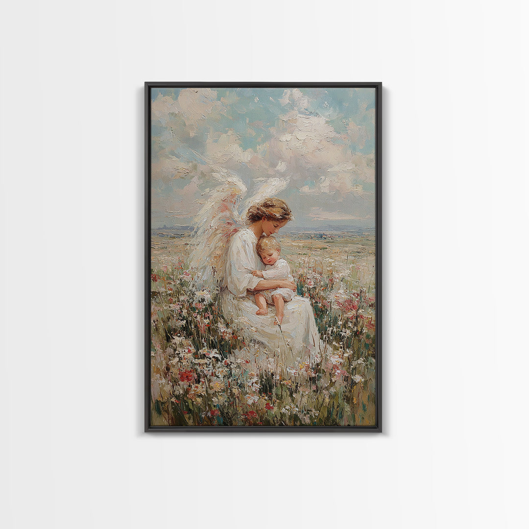 Angel Mother Holding Sleeping Child In Wildflower Meadow Framed Canvas Print, Christian Wall Art, Nursery Decor, Gift For Her