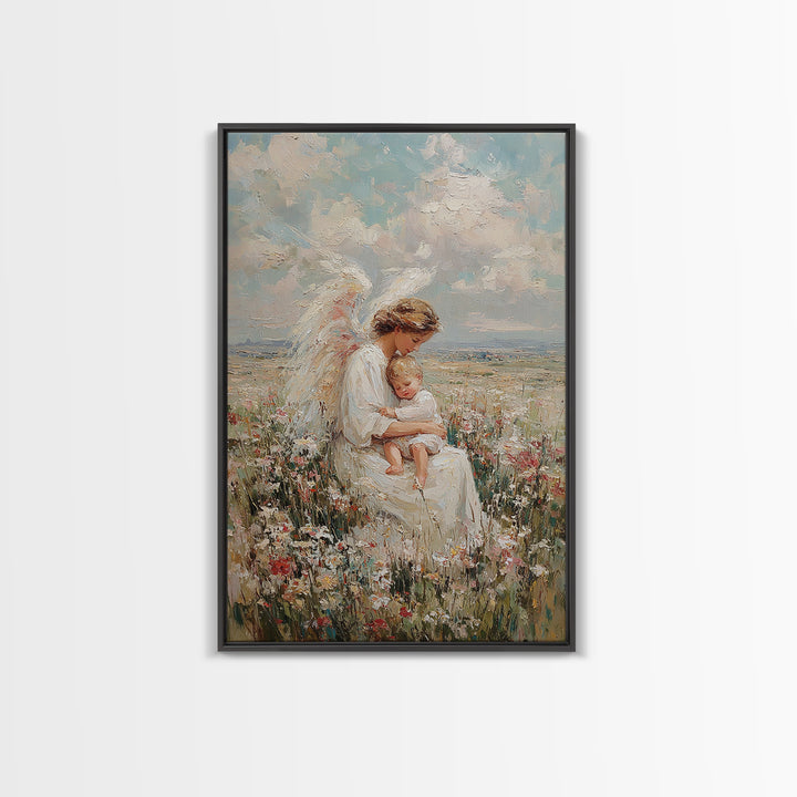 Angel Mother Holding Sleeping Child In Wildflower Meadow Framed Canvas Print, Christian Wall Art, Nursery Decor, Gift For Her