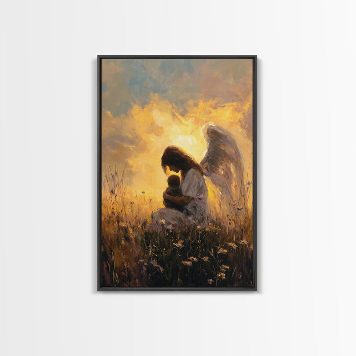 Golden Guardian Angel With Child Wall Art, Christian Nursery Decor, Spiritual Canvas, Angel Painting, Gift For Mom, Living Room Decor