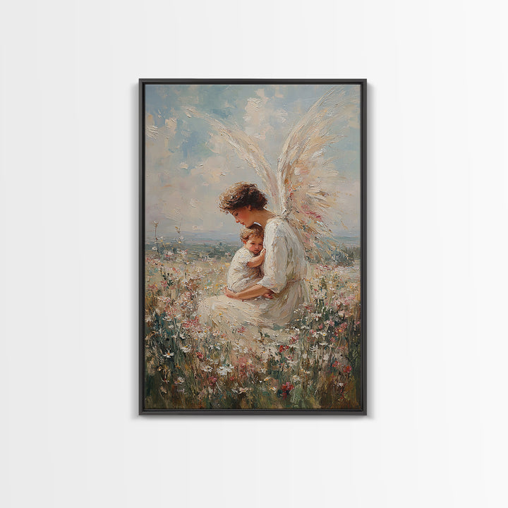 Serene Angel Holding Child Canvas Print, Christian Wall Art, Nursery Wall Decor, Spiritual Gift, Fine Art Print, Home Decor