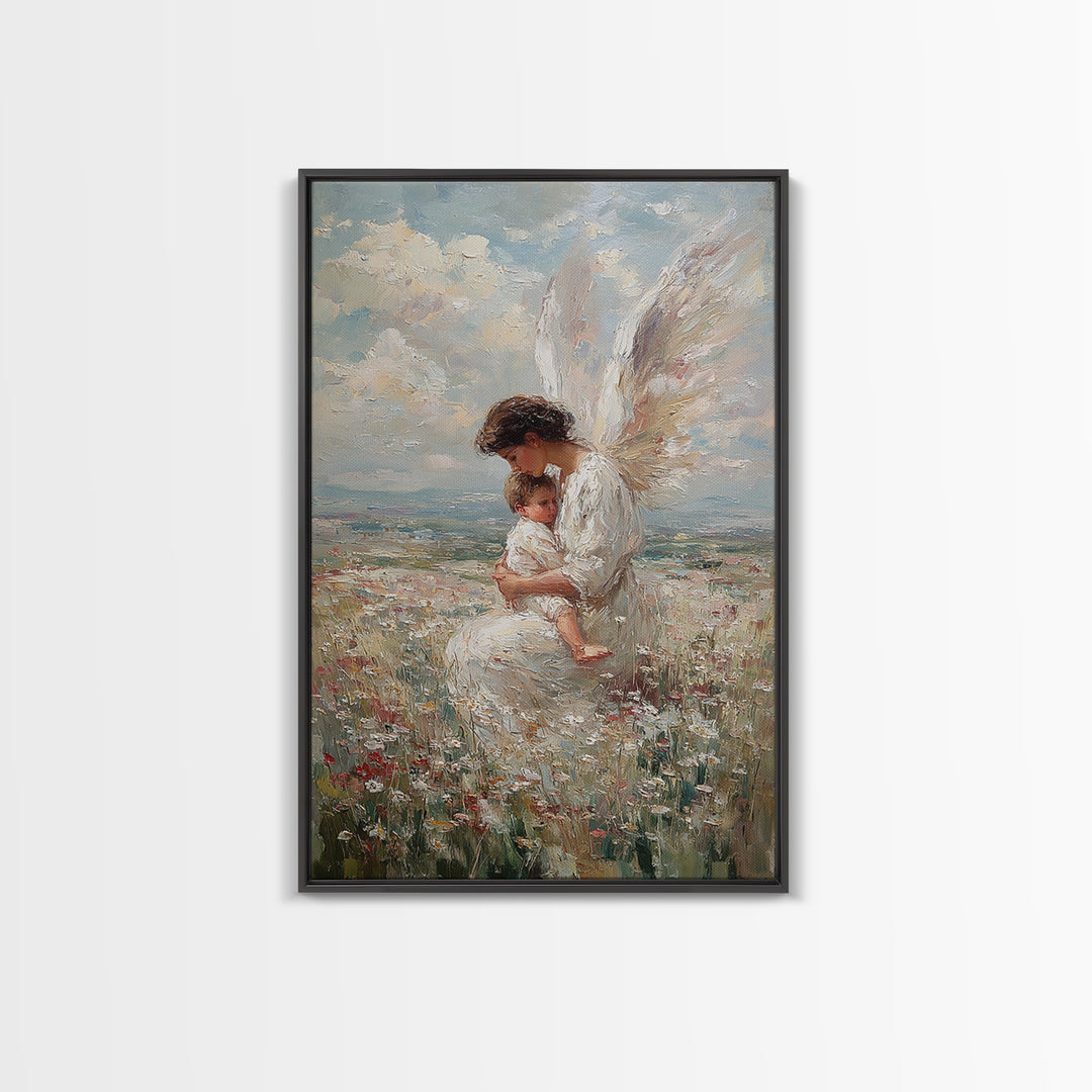 White Winged Angel And Child Framed Canvas Print, Christian Nursery Art, Guardian Angel Wall Decor, Religious Gift For Baby
