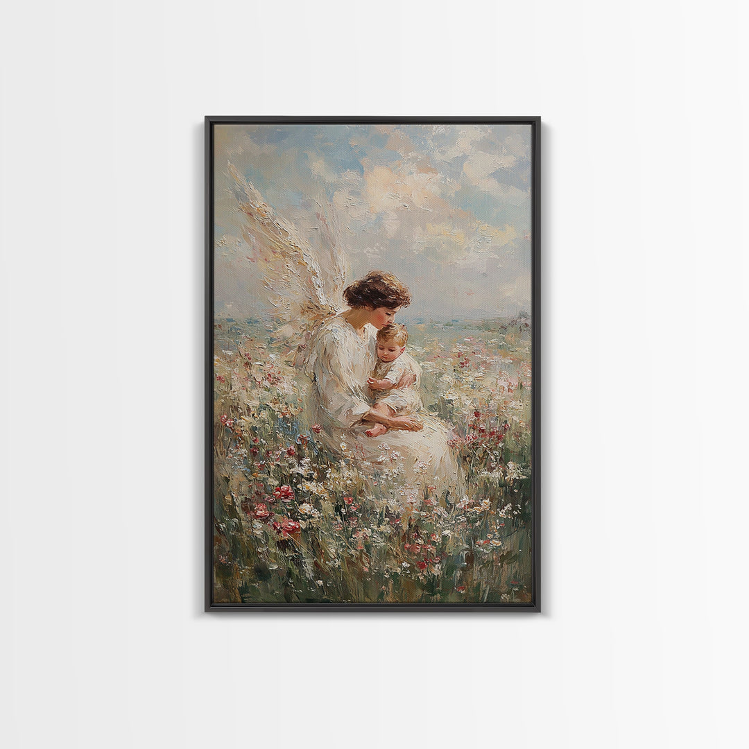 Motherly Angel With Baby In Wildflowers Wall Art, Christian Nursery Decor, Guardian Angel Print, Baptism Gift For Mom And Baby