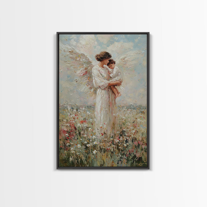 Standing Guardian Angel Holding Baby Canvas Print, Christian Wall Art, Nursery Decor, Spiritual Gift, Floral Meadow Art Print