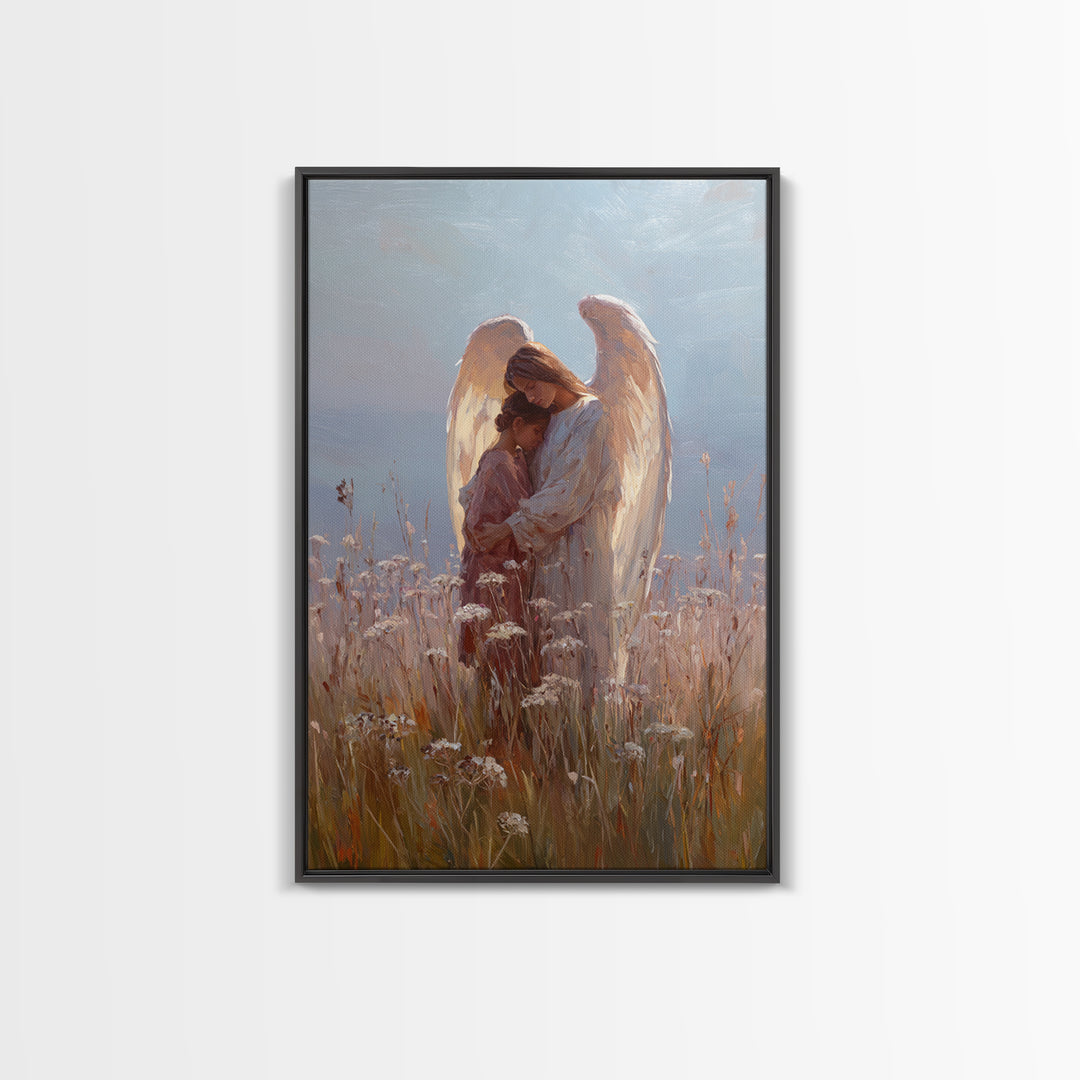 Sunlit Angel Embracing Child Wall Art, Christian Nursery Decor, Guardian Angel Canvas, Spiritual Home Decor, Gift For Her