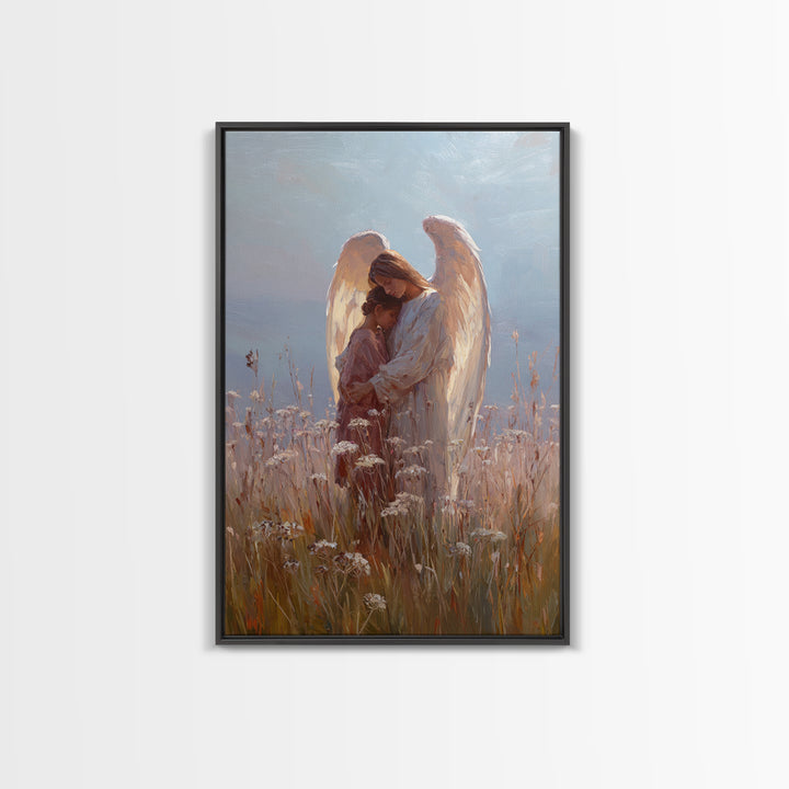Sunlit Angel Embracing Child Wall Art, Christian Nursery Decor, Guardian Angel Canvas, Spiritual Home Decor, Gift For Her