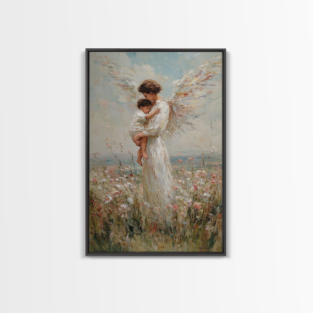 Tender Angel Carrying Child Framed Canvas Print, Christian Wall Art, Nursery Room Decor, Guardian Angel Gift For Baby Girl