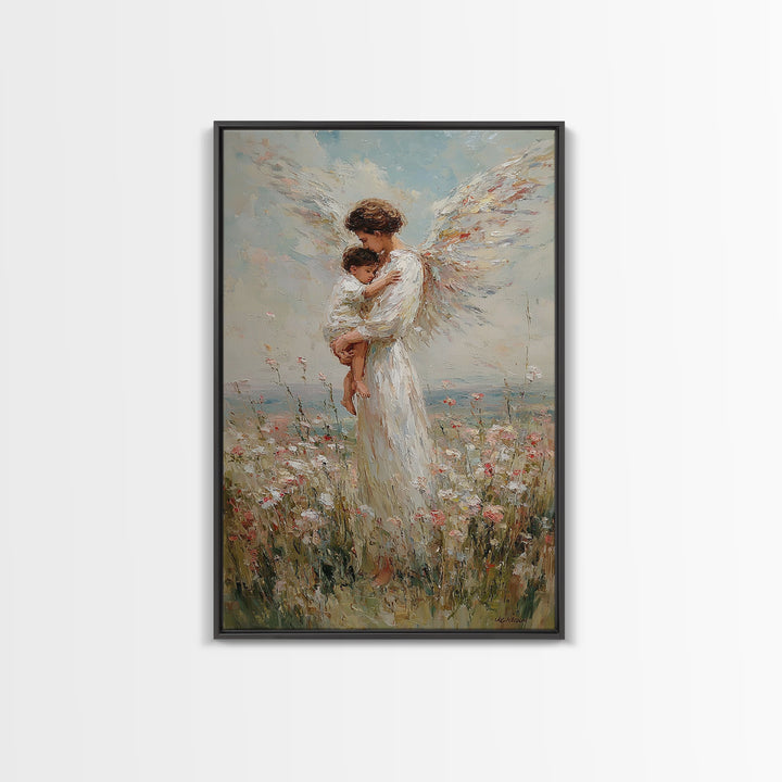 Tender Angel Carrying Child Framed Canvas Print, Christian Wall Art, Nursery Room Decor, Guardian Angel Gift For Baby Girl
