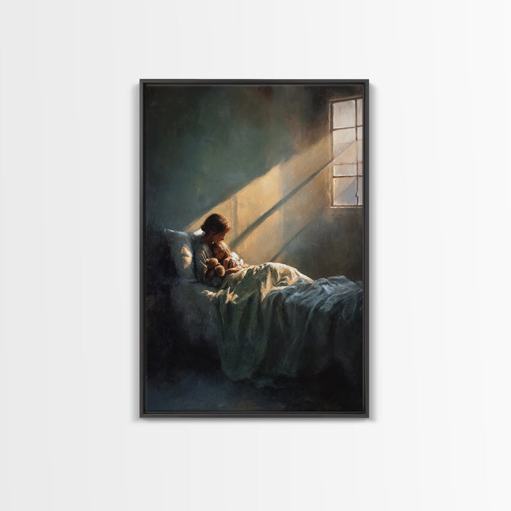 Sunlit Child With Teddy In Bed Wall Art, Bedroom Decor, Nursery Art Print, Sweet Dreams Poster, Cozy Guest Room Decor Gift
