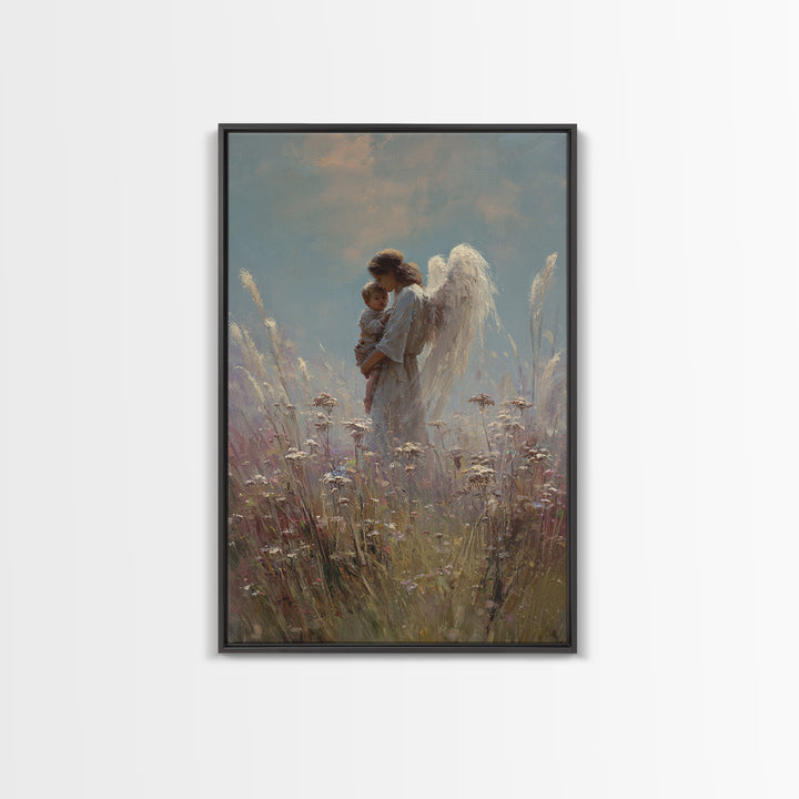 Soft Meadow Angel Holding Baby Canvas Print, Christian Wall Art, Nursery Decor, Guardian Angel Gift, Calming Wall Decor Print