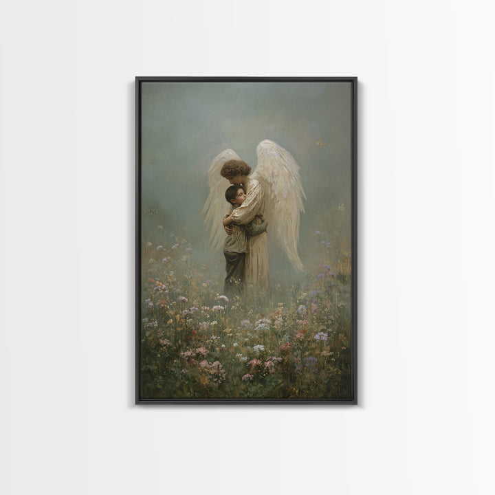 Misty Guardian Angel Hugging Child Framed Canvas Print, Christian Wall Art, Spiritual Nursery Decor, Butterfly Meadow Art