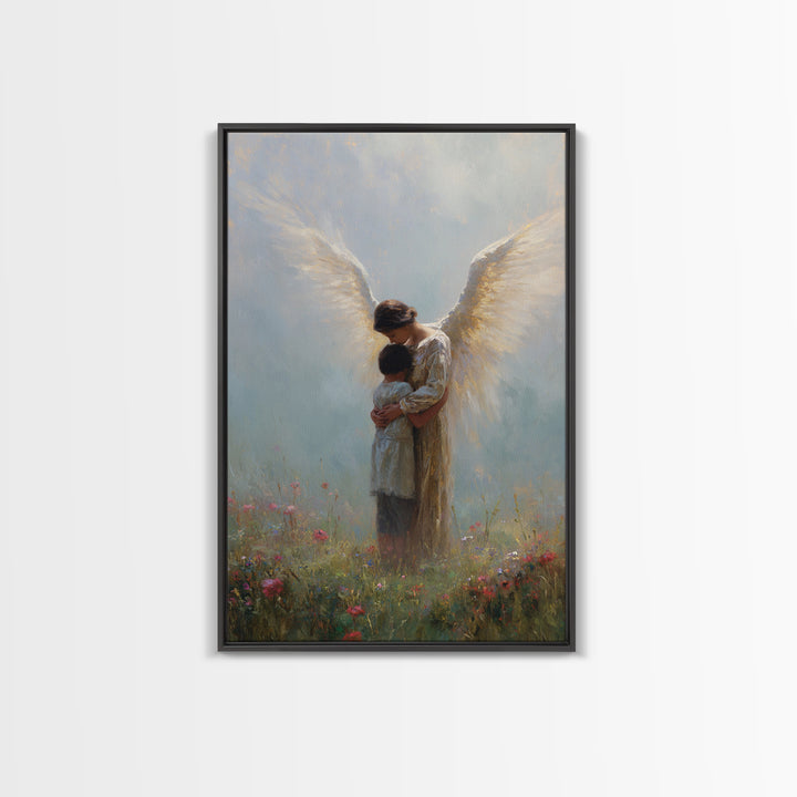 Guardian Angel Embracing Child In Wildflower Meadow Wall Art, Christian Nursery Decor, Spiritual Canvas Print Gift For Her