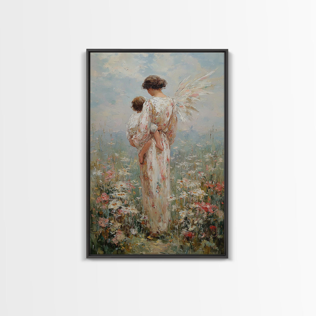 Angel Mother Holding Child In Blooming Meadow Framed Canvas Print, Christian Wall Art, Nursery Decor, Housewarming Gift