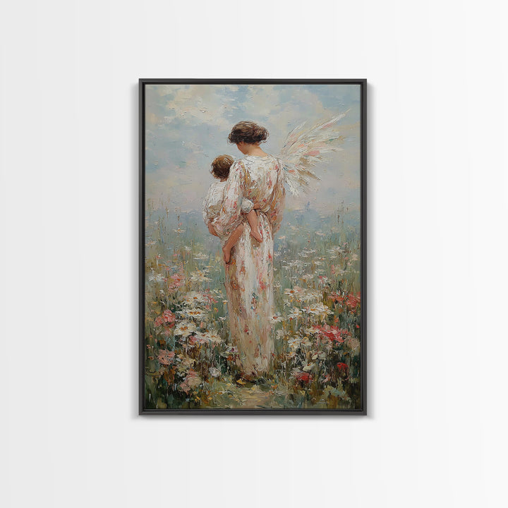 Angel Mother Holding Child In Blooming Meadow Framed Canvas Print, Christian Wall Art, Nursery Decor, Housewarming Gift