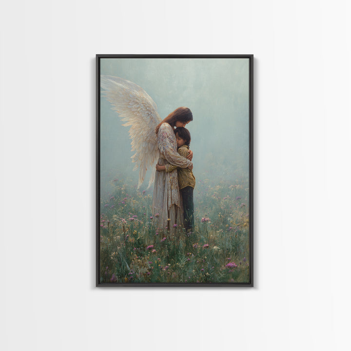 Guardian Angel Hugging Child In Misty Meadow Wall Art, Spiritual Christian Decor, Nursery Canvas Print, Housewarming Gift