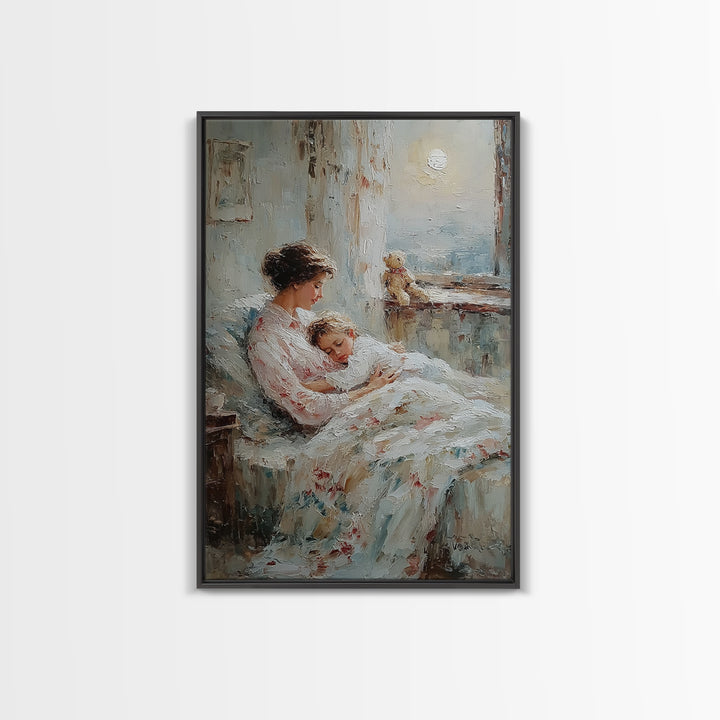 Mother Cradling Sleeping Child By Moonlit Window Framed Canvas Print, Bedroom Wall Art, Nursery Decor, Gift For Mom, Cozy Wall Art