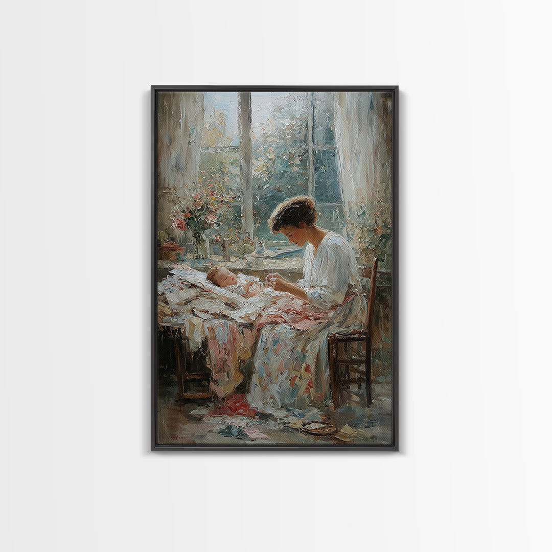 Mother Stitching By Baby Cradle, Bright Window Wall Art, Impressionist Oil Painting Print, Nursery Decor, Gift For Mom, Home Decor
