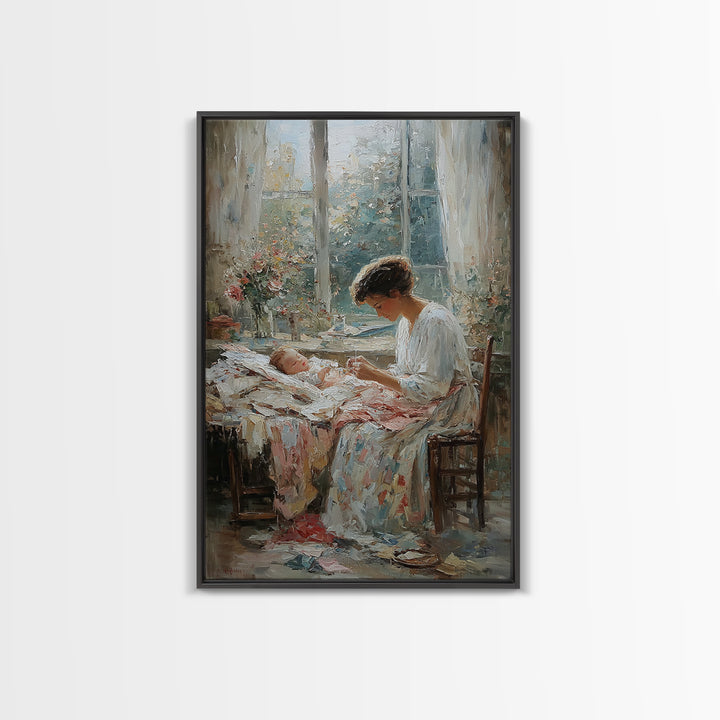 Mother Stitching By Baby Cradle, Bright Window Wall Art, Impressionist Oil Painting Print, Nursery Decor, Gift For Mom, Home Decor
