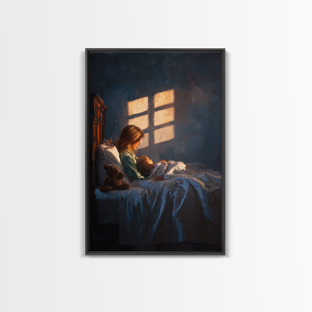 Mother Reading To Child In Bed, Warm Window Light Wall Art, Moody Bedroom Decor, Nursery Art Print, Gift For Mom, Cozy Home Decor