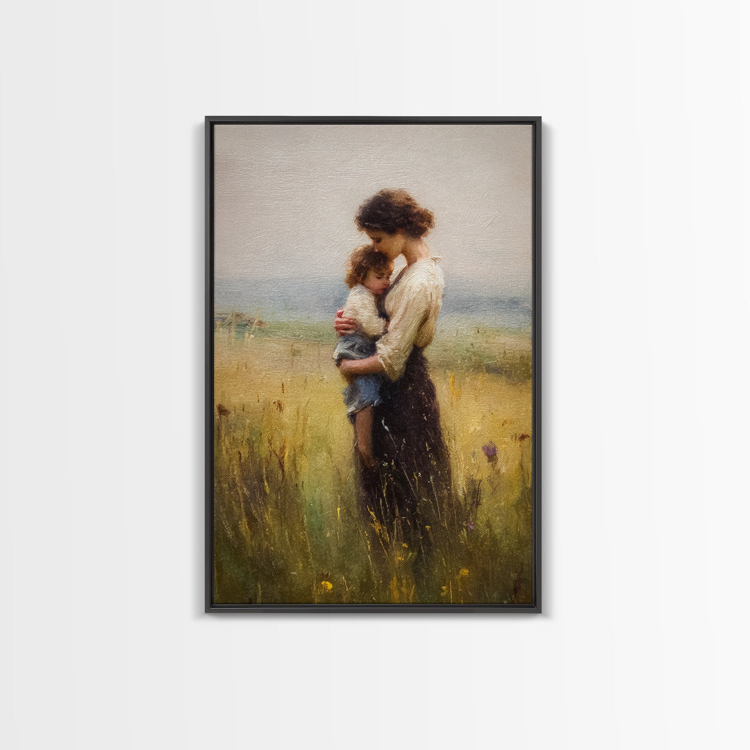 Tender Mother Holding Child In Golden Meadow Canvas Print, Soft Impressionist Oil Painting, Neutral Nursery Wall Art Gift