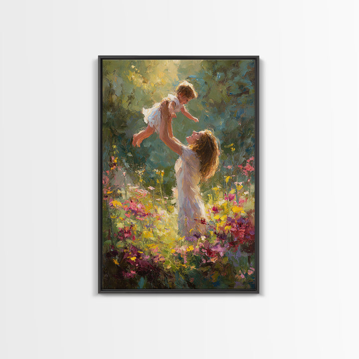 Sunlit Mother And Baby In Flower Garden Canvas Print, Impressionist Oil Painting, Colorful Nursery Wall Art Gift For Mom