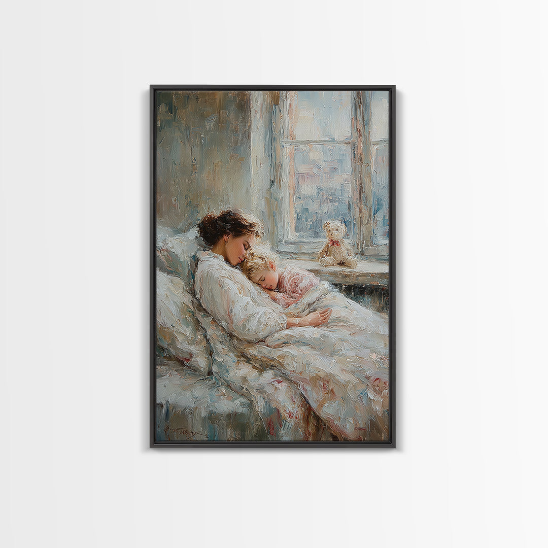 Tender Mother And Child Sleeping By Window Wall Art, Soft Nursery Decor, Mothers Day Gift, Bedroom Art Print, New Mom Gift